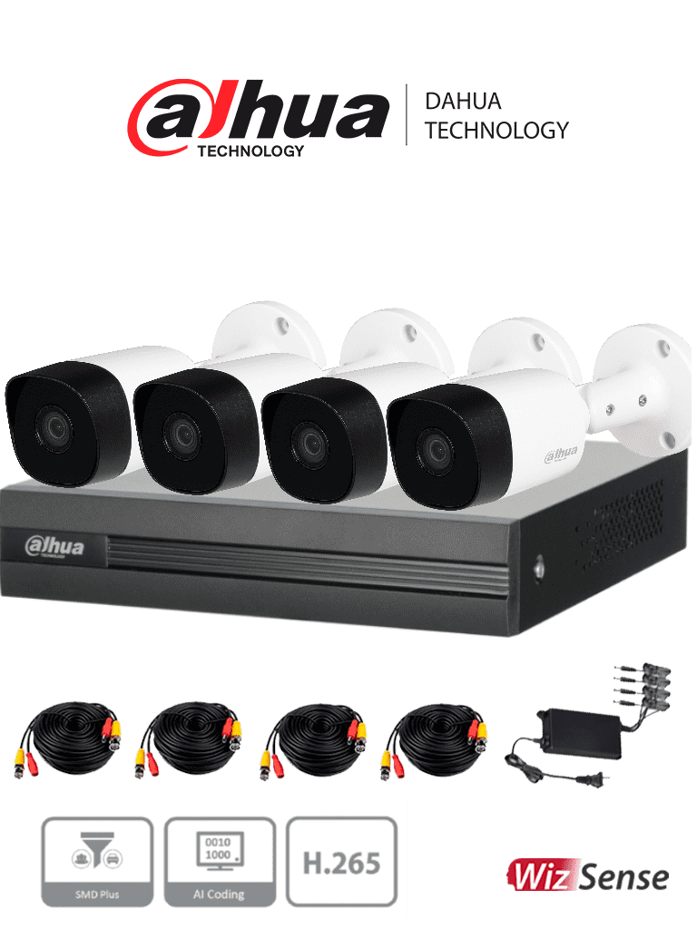 DAHUA KITXVR1B04H-I+4B2A51 - Kit de 4 Canales de 5 Megapixeles/ DVR Cooper-I WizSense/ Con IA/ H.265+/ 4 Camaras B2A51 Metalicas/ 4 Canales + 1 IP o Hasta 5 Canales IP/ 4 Canales SMD Plus/ Busqueda de Humanos y Vehiculos/ Accesorios Incluidos/