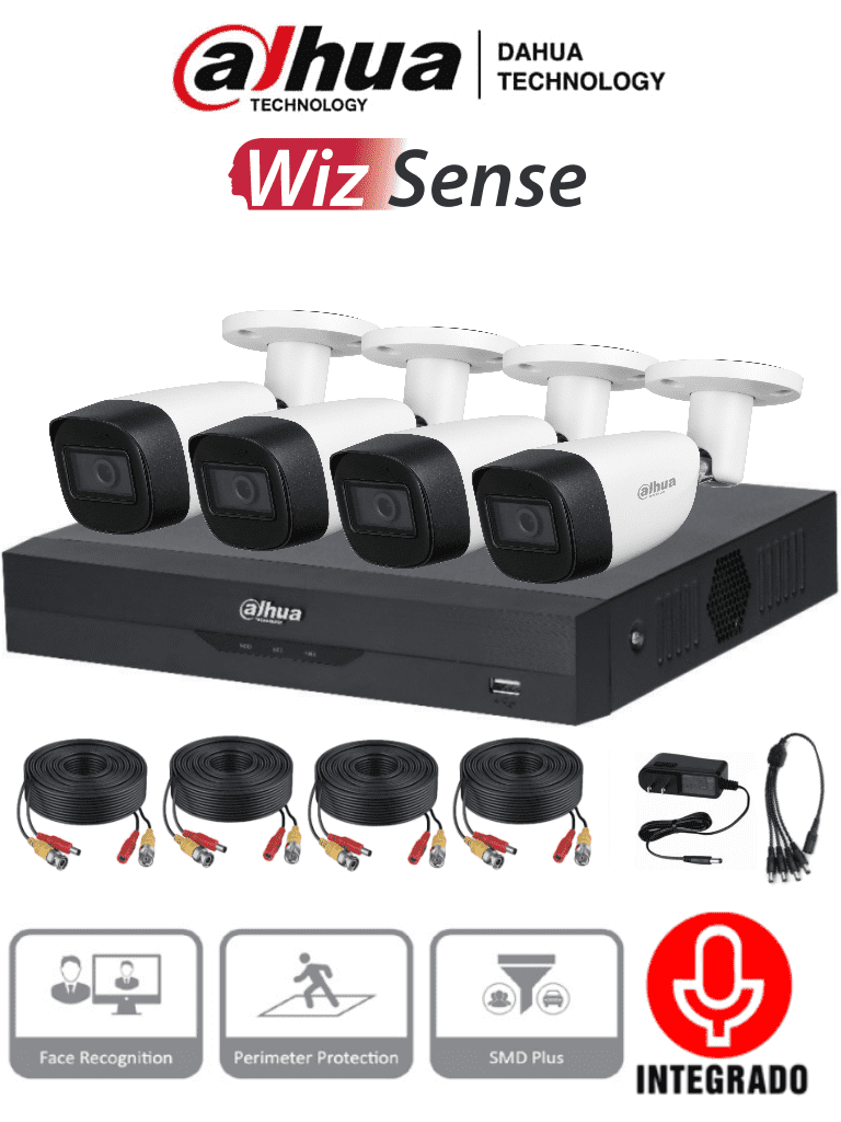 DAHUA KITXVR5104HS4KLI3+4HFW1500CMA- Kit de 4 Canales de 5 Mp con Audio/ DVR WizSense con Reconocimiento de Rostros/ H.265+/ 4 Camaras Metalicas/ 4 Ch + 1 IP o Hasta 5 Ch IP/ 4 Ch SMD Plus/ Busqueda de Humanos y Vehiculos/ Accesorios Incluidos/ #PromoMayo