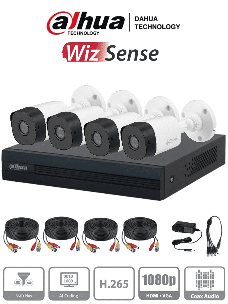 DAHUA KITXVR1B04-I1MP - Kit de 4 Canales de 1 Megapixel/ DVR Cooper-I WizSense/ Con IA/ H.265+/ 4 Camaras B1A11/ 4 Canales + 1 IP o Hasta 5 Canales IP/ 4 Canales SMD Plus/ Busqueda de Humanos y Vehiculos/ Accesorios Incluidos/