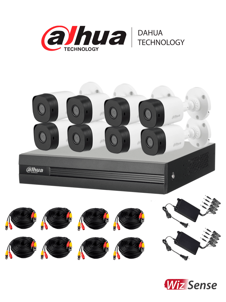 DAHUA KITXVR1B08- I+8-B1A21- Kit de 8 Canales 2 Megapixeles/ DVR Cooper-I WizSense/ Con IA/ H.265+/ 8 Camaras B1A21 1080p/ 8 Canales + 2 IP o Hasta 10 Canales IP/ 4 Canales SMD Plus/ Busqueda de Humanos y Vehiculos/ Accesorios Incluidos/