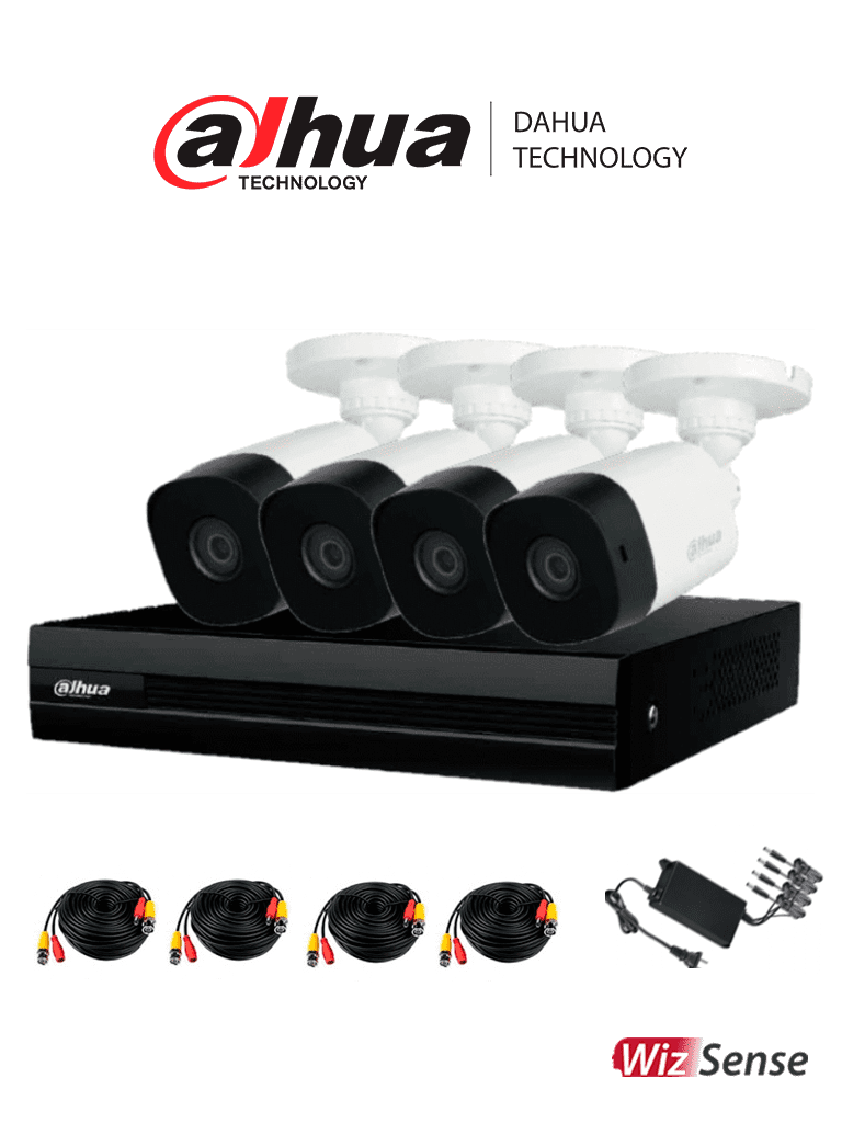 DAHUA KITXVR1B08-I-2MP4CP - Kit de 8 Canales 2 Megapixeles/ con 4 Camaras/ DVR Cooper-I WizSense/ Con IA/ H.265+/ 4 Camaras B1A21 1080p/ 8 Canales + 2 IP o Hasta 10 Canales IP/ 4 Ch SMD Plus/ Busqueda de Humanos y Vehiculos/ Accesorios Incluidos/