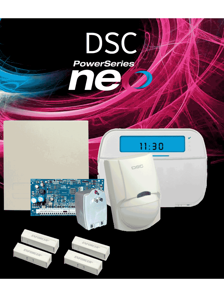 DSC NEO-ICON-SB - Paquete SERIE NEO con panel HS2032 de 8 zonas cableadas expandible a 32 / Teclado de Iconos HS2ICN / Sensor PIR LC-100- PI Cableado / 2 contactos blancos cableados / Transformador / Gabinete GTVCMX003 / Sin Batería/ #LosPrincipales