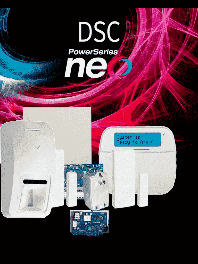 DSC NEO-RF-LCD-IP PG9974 - Paquete NEO 32 Zonas Inalámbricas/ Panel HS2032/ Comunicador TL280E/ Teclado ALFANUMERICO con TRANCEPTOR HS2LCDRF9N/ 2 Contactos PG9303/ Sensor Inalámbrico PG9974 / Fuente PTC1640U/ Gabinete /Sin Batería/