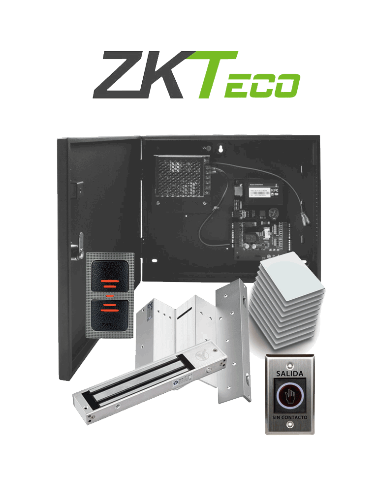 ZKTECO C3100IDPACK - Control de Acceso Profesional para 1 Puerta con Lector de Tarjeta RFID / Botón de Salida sin Contacto / Contrachapa Magnética y Soporte para Contrachapa / Paquete de 10 Tarjetas / Administra con Software ZK Access 3.5