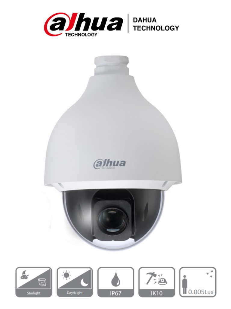 DAHUA SD50225-HC-LA - Camara PTZ Antivandálica de 2 Megapixeles/ 25x de Zoom Optico/ WDR Real de 120 dB/ Starlight/ IP66/ IK10/ BLC/ HLC/ 360 Grados continuos/