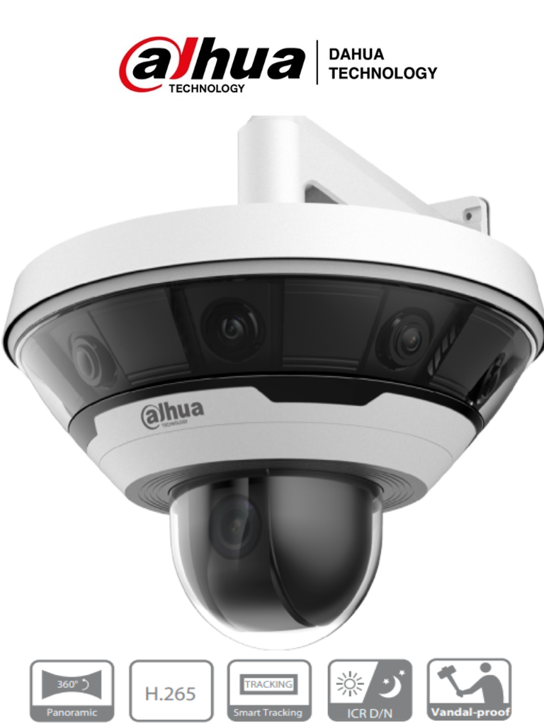 DAHUA PSD81602-A360- Camara IP Domo Multisensor+PTZ de 37x/ 8 Lentes Panoramicos de 2 Megapixeles/ H.265/ 360 Grados de Visión/ AutoTracking/ Ranura para MicroSD/ IP67, IK10/ E&S de Alarmas/ BLC / HLC / WDR 120dB/ #OfertasAAA