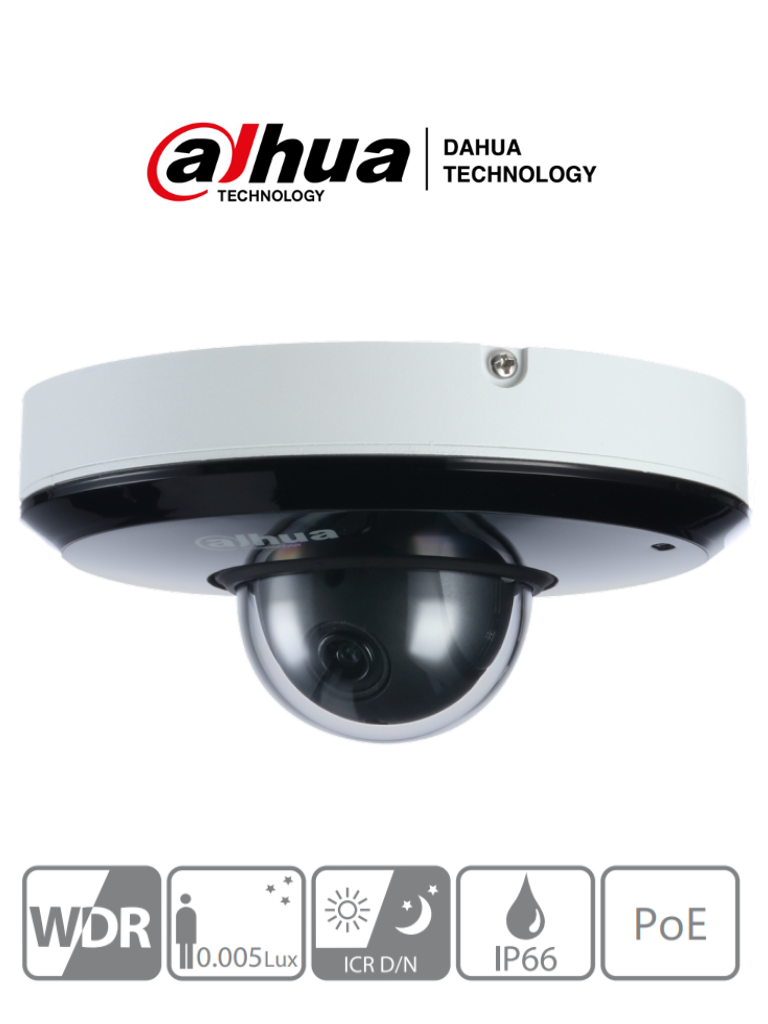 DAHUA SD1A203T-GN - Camara IP Domo de 2 Megapixeles STARVIS™/ 3x de Zoom Óptico/ IR de 15 Mts/ Starlight/ WDR/ IP66/ PoE/ Onvif/ E&S de Audio/ IK08/