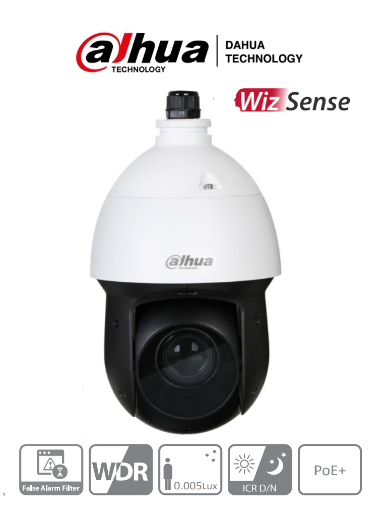 DAHUA SD49225XA-HNR - Camara IP PTZ de 2 Megapixeles WizSense/ 25x de Zoom Optico/ H.265+/ Starlight/ 60 fps/ IR de 100 Mts/ Protección Perimetral/ SMD Plus/ WDR Real/ Detección de Rostros/ IP66/ E&S de Alarma y Audio/