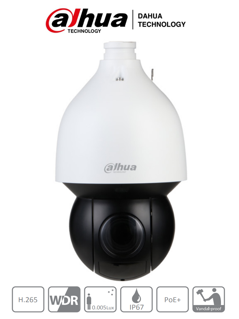 DAHUA SD5A432XA-HNR- Cámara IP PTZ de 4 Megapixeles/ 32x de Zoom/ WizSense/ IR de 150 Mts/ Auto Tracking/ Protección Perimetral/ SMD Plus/ Detección de Rostros/ Captura de Humanos y Vehículos/ WDR Real/ PoE+/IP67/ IK10/ E&S de Alarma y Audio/