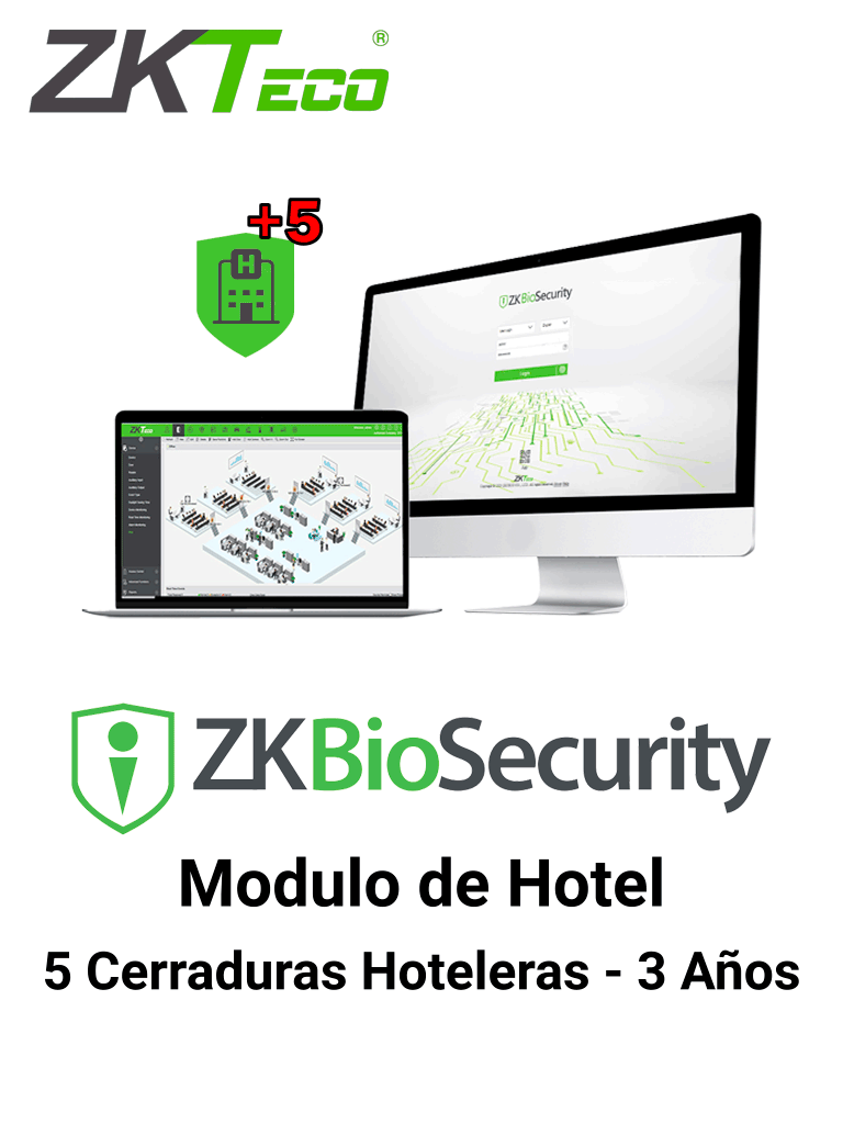 ZKTECO BSHOTEL5ADD3Y - Modulo Adicional de Hoteleria Biosecurity Capacidad 5 cerraduras Hoteleras / 3 Años / Requiere Licencia de 25, 50 o 100 Cerraduras para poder funcionar