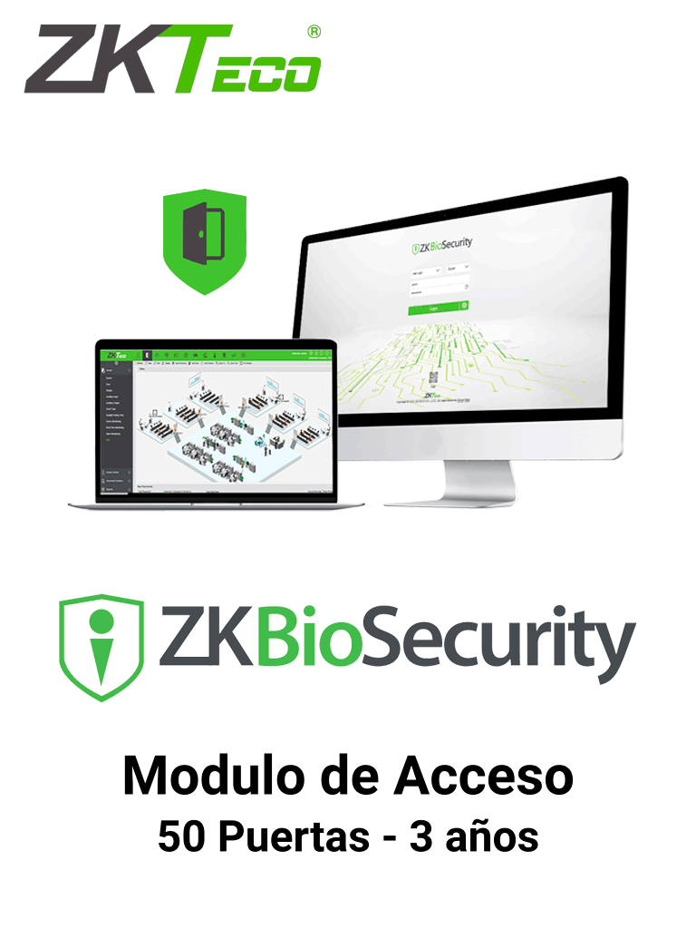 ZKTECO ZKBSAC503Y - Licencia Biosecurity para 50 Puertas en Control de Acceso / 30 000 Usuarios /1000 Departamentos / 1000 Áreas / Vigencia 3 años