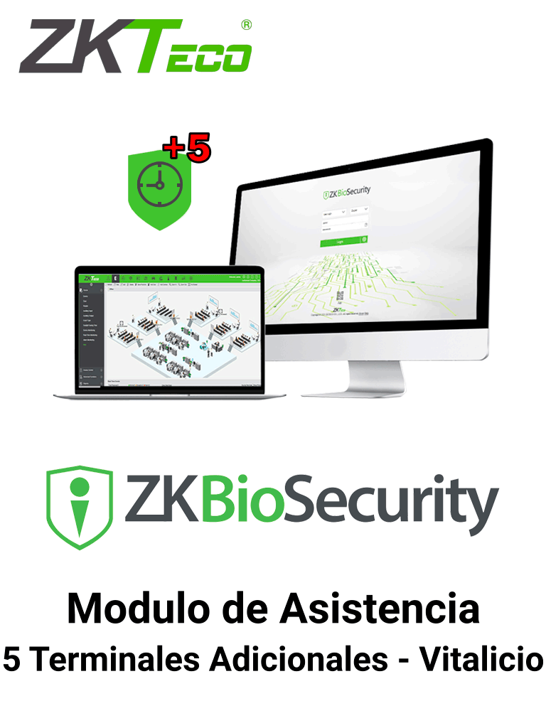 ZKTECO ZKBSTAADDONP5 - Modulo Vitalicio de Asistencia para Biosecurity / 5 Terminales Extra /Solo Disponible cuando ya se tiene una Licencia de más de 25 Puntos y menos de 100.