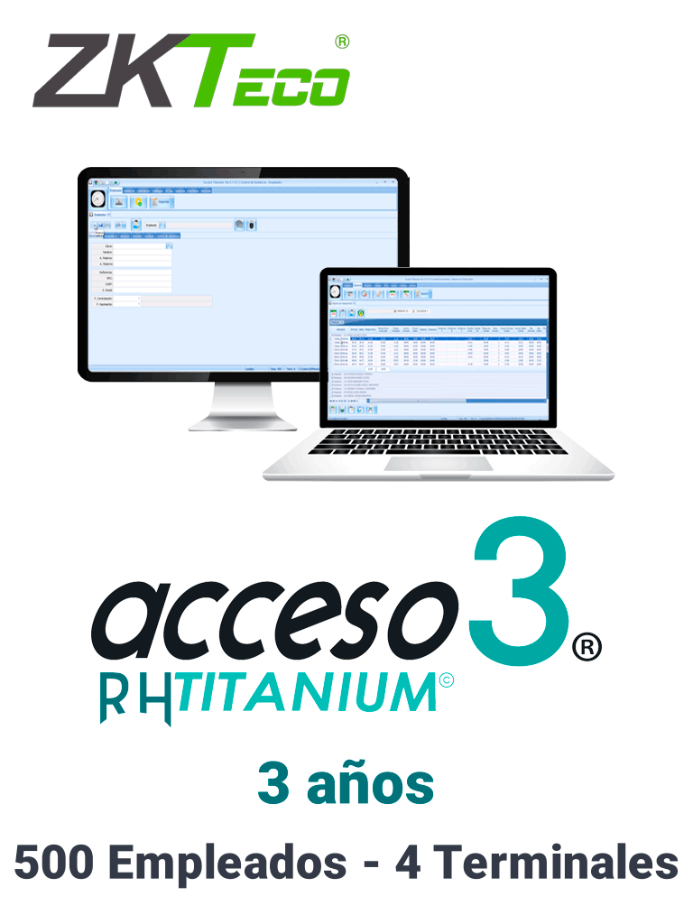 ZKACCESO TITANIUM1 - Licencia para control de asistencia / 500 empleados / 4 terminales (PC o Reloj) / Compatible con NOI y CONTPAQ / 3 años