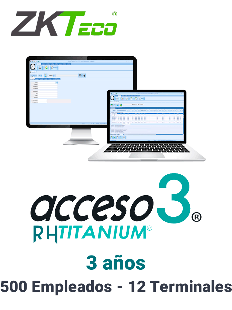 ZKACCESO TITANIUM2 -Licencia para control de asistencia / 500 empleados / 12 terminales (PC o Reloj) / Compatible con NOI y CONTPAQ / 3 años