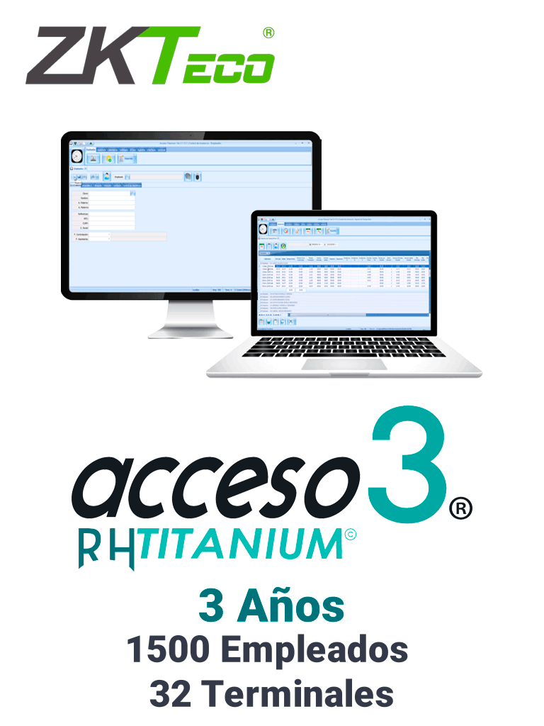 ZKACCESO TITANIUM4 - Licencia para control de asistencia / 1500 empleados / 32 terminales (PC o Reloj) / Compatible con NOI y CONTPAQ / 3 años