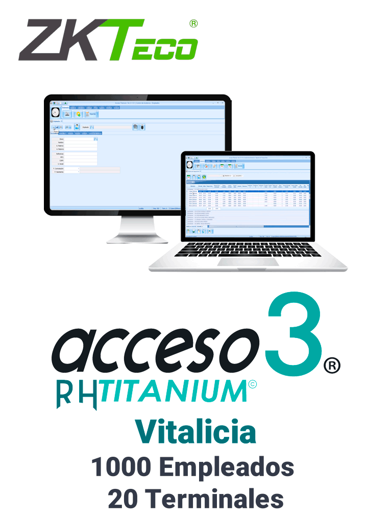 ZKACCESO TITANIUM3P -Licencia para control de asistencia / 1000 empleados / 20 terminales (PC o Reloj) / Compatible con NOI y CONTPAQ / Vitalicia