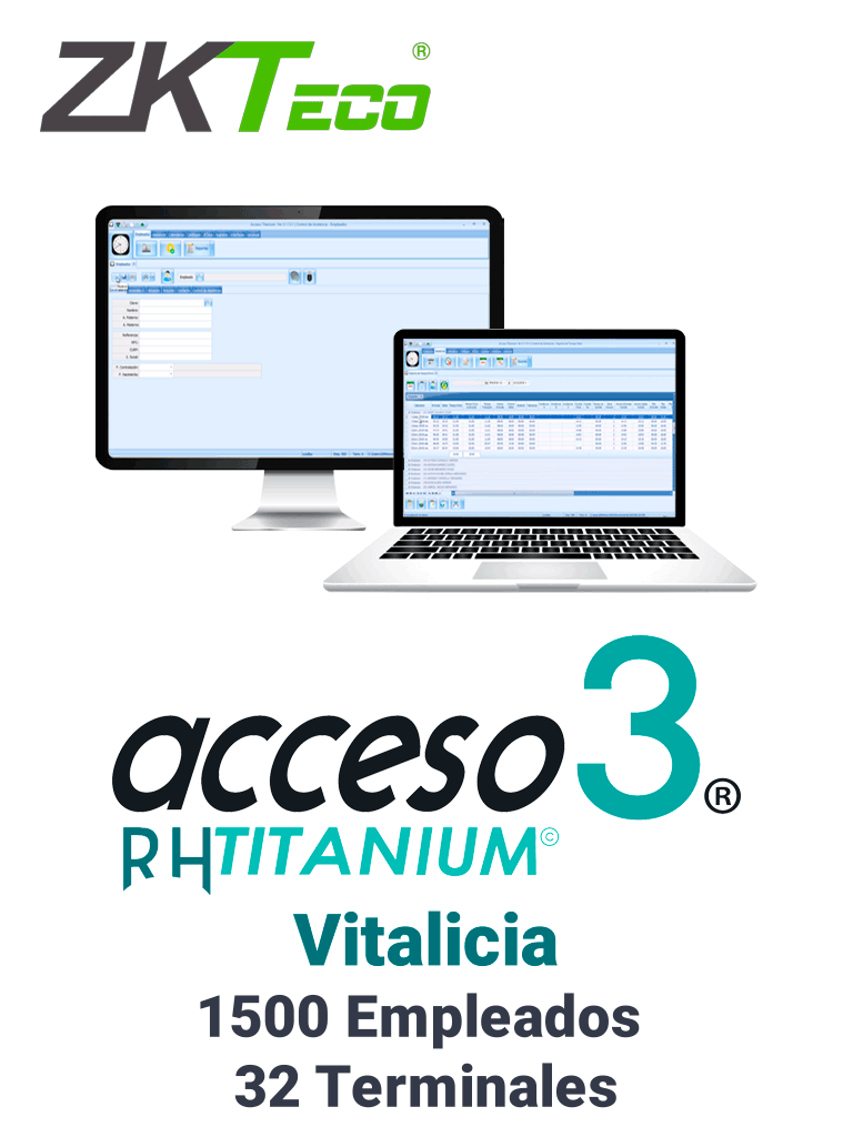 ZKACCESO TITANIUM4P - Licencia para control de asistencia / 1500 empleados / 32 terminales (PC o Reloj) / Compatible con NOI y CONTPAQ / Vitalicia