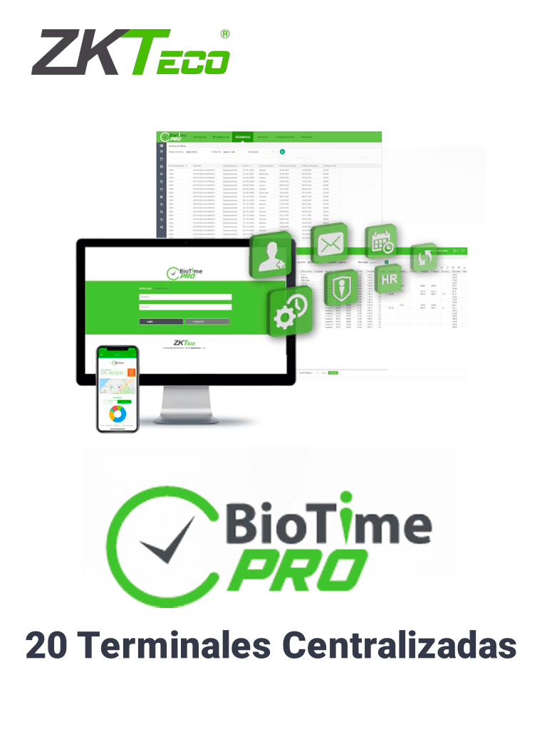 ZKTECO BIOTIMEPROSTANDARD- Licencia de Asistencia Vitalicia / Versión WEB / para 20 Terminales Centralizadas / 2000 Empleados / 1 Punto para App / 2 Multicompañías