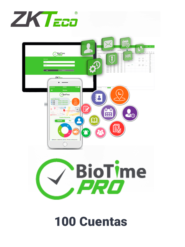 ZKTECO BIOTIMEPROAPPSTANDARD - Licencia Vitalicia de Aplicacion Móvil para uso de BIOTIME PRO / Compatible con Celulares ANDROID o iOS / Soporta 100 Cuentas