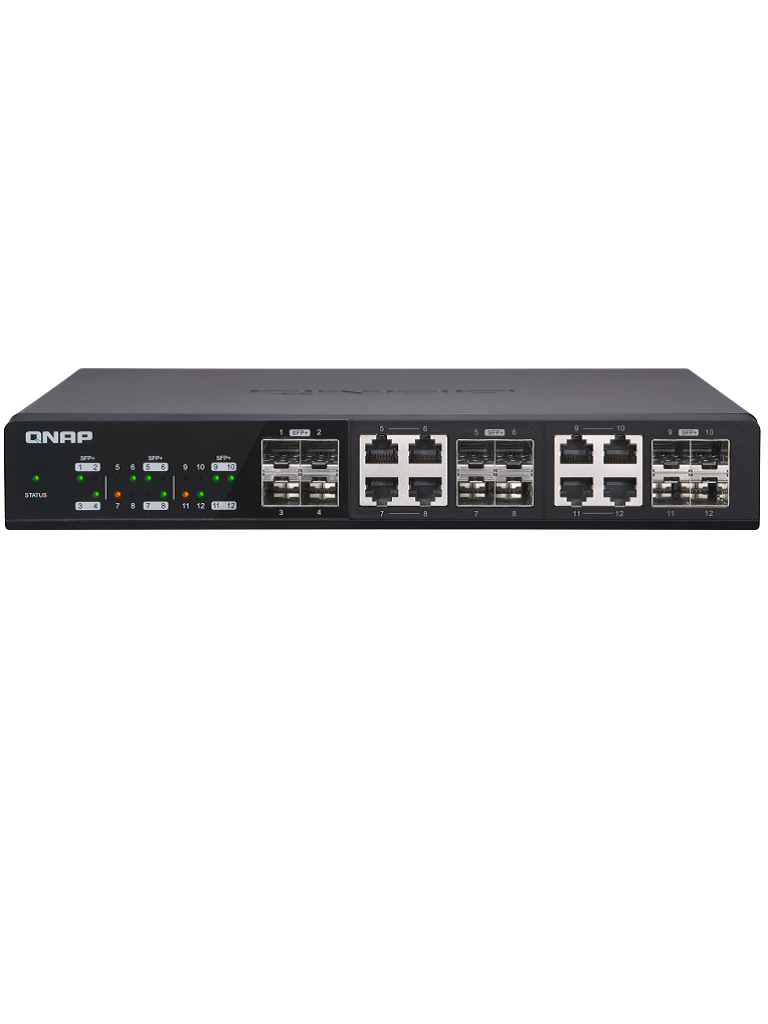 QNAP QSW12088C- SWITCH NO ADMINISTRABLE/ 12 PUERTOS 10GBE EN TOTAL (4 SFP+ 10GBE/ 8 PUERTOS SFP/RJ45 10GBE COMBINADOS)/ CAPACIDAD DE CONMUTACION 240GBPS