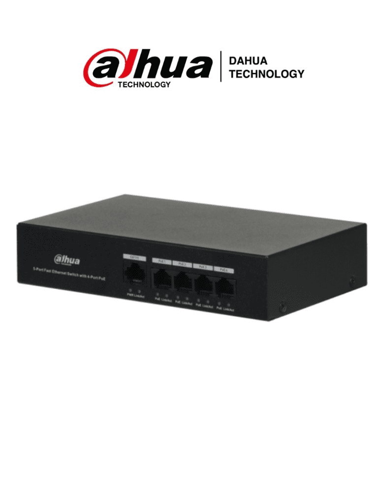 DAHUA DH-PFS3005-4ET-36 - Switch PoE de 4 Puertos/ Capa 2/ 1 Puerto 10/100 Base T/ 4 Puertos PoE 10/100 / 36 Watts Totales/ Switching 1 Gbps/ Tasa de Reenvio de Paquetes 744 Kbps/ Memoria Buffer de Paquetes 448 Kb/ Protección de Descargas/