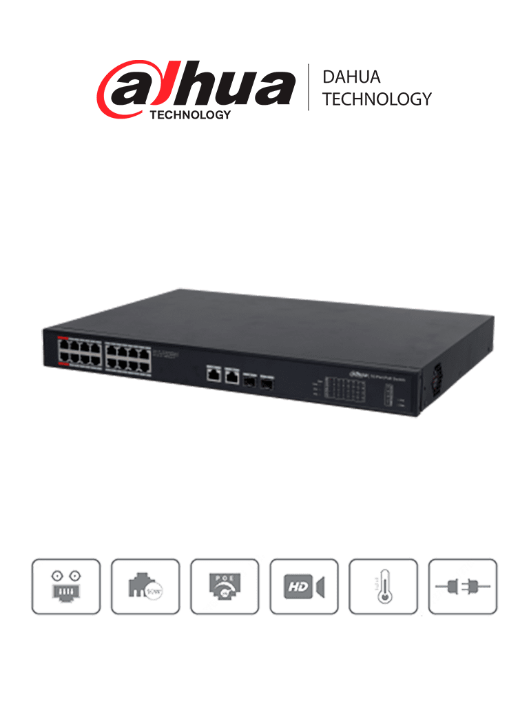 DAHUA PFS3220-16GT-190 - Switch Poe de 16 Puertos Gigabit/ Poe Inteligente/ Puerto Rojo de 90W/ 190 Watts Totales/ 2 Puertos SFP Opticos/ Protocolos Poe:IEEE802.3af, IEEE802.3at, Hi-PoE, IEEE802.3bt/ Switching 52 Gbps/ Protección de Descargas/