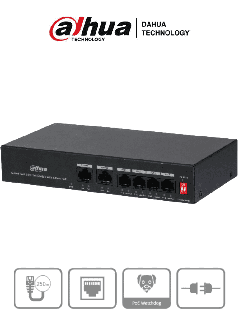 DAHUA DH-PFS3006-4ET-36 - Switch PoE de 6 Puertos Fast Ethernet/4 Puertos PoE 10/100/ 2 Puertos uplink 10/100/ 36 Watts Totales/ Switching 1.2 Gbps/ Tasa de Reenvio de Paquetes .89 Mbps/ con Protección de Descargas/