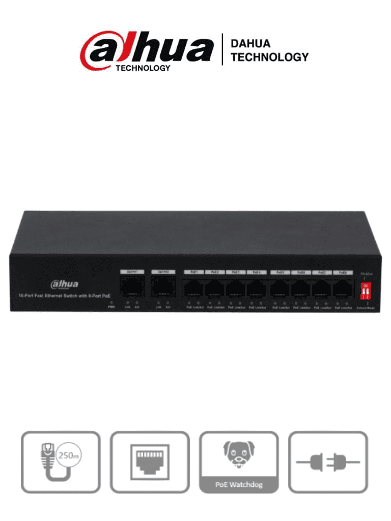 DAHUA DH-PFS3010-8ET-65 - Switch Poe de 10 Puertos Fast Ethernet/ 8 Puertos Poe/ 2 Puertos Uplink/ 65 Watts Totales/ Soporta PoE Watchdog/ Switching 2.0 Gbps/ Con Protección de Descargas/