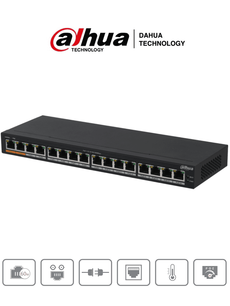 DAHUA DH-PFS3016-16GT-190 - Switch Poe Gigabit de 16 Puertos PoE Gigabit/ 190 Watts Totales/ Los 2 Puertos Naranjas Soportan Hi-PoE Estandar/ Switching 32 Gbps/ Tasa de Reenvio de paquetes 23.808 Mbps/ Protección Contra Descargas/ #LoNuevo