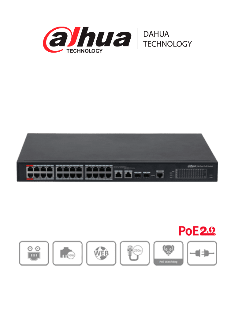 DAHUA DH-PFS4226-24ET-240 - Switch PoE Administrable de 26 Puertos Ethernet/ 24 Puertos PoE/ 240 Watts Totales/ Interfaz Web/ Puerto 1 y 2 Soportan 90 Watts/ 2 Puertos SFP/ 2 Puertos Uplink/ PoE Watchdog/ Switching 8.8 Gbps/