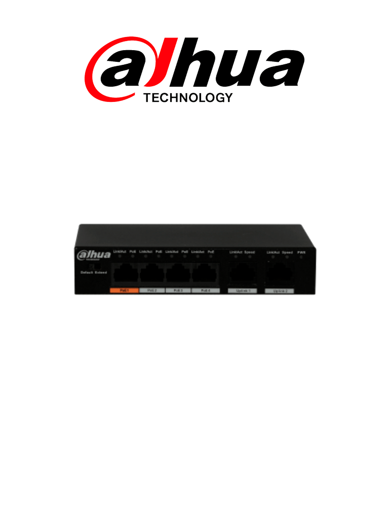 DAHUA PFS3006-4ET-60 - Switch PoE de 6 Puertos Fast Ethernet/ 4 Puertos PoE/ 2 Puertos Uplink/ 60 Watts Totales/ Soporta PoE Watchdog/ Puerto 1 Soporta Hi-PoE 60 Watts/ Capacidad de Switching de 1.8 Gbps/