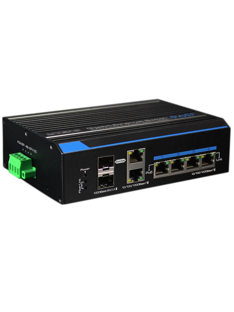 UTEPO UTP7204GEHPOE - Switch Gigabit industrial high PoE 4 puertos / 802.3 AF / 802.3at / 2 Puertos combo UPLINK Gigabit / Hasta 60W por puerto / 120W Totales/ Din Riel