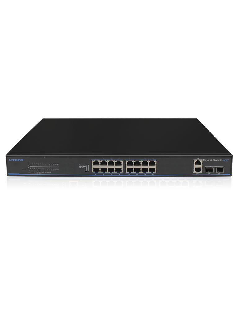 UTEPO UTP3GSW1604TSP200 - Switch Gigabit PoE / No administrable / 16 Puertos PoE Gigabit / 2 Puertos Gigabit RJ45 / 2 Puertos Gigabit SFP / PoE 180 Watts