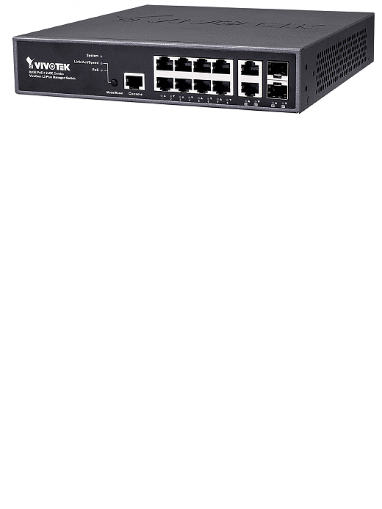 VIVOTEK AWGEV107A130 - Switch Gigabit PoE 8 puertos GE AT / AF / Administrable / 2 Combo GE SFP / 130W Totales / Capa 2 / VIVOCAM / Hasta 30W por puerto