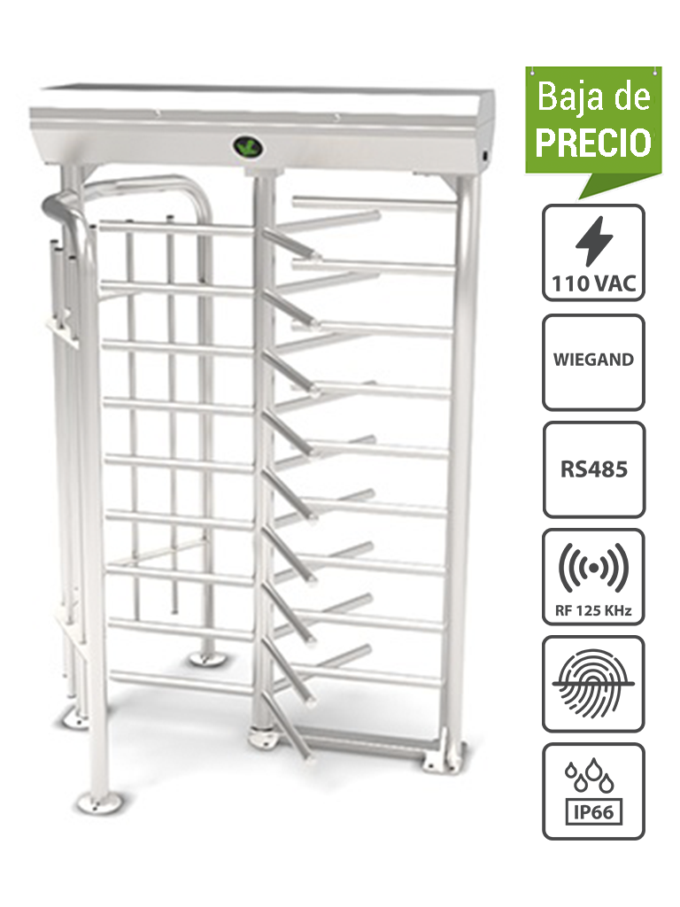 ZKTECO FHT2322 - Torniquete de Cuerpo Completo / para Exteriores / Un carril / Bidireccional de 58 CM / Acero Inoxidable / Incluye Lectores y Panel INBIO PULL