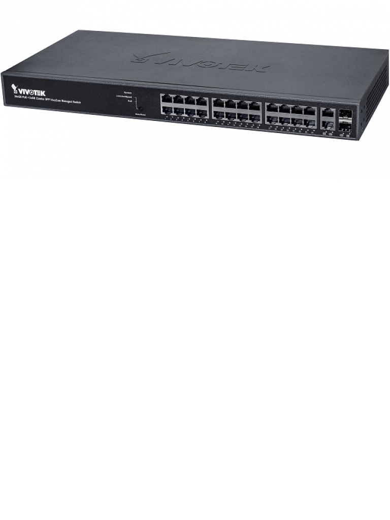 VIVOTEK AW-GEV-264B-370 - Switch PoE Administrable, 24 puertos PoE GE RJ45, 2 Puertos GE SFP, 30W por puerto, 370W Totales, VIVOCAM WEB Smart, 52Gbps, NDAA, Proteccion 6KV