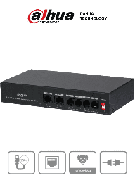 [DHT1850008] DAHUA DH-PFS3006-4ET-36 - Switch PoE de 6 Puertos Fast Ethernet/4 Puertos PoE 10/100/ 2 Puertos uplink 10/100/ 36 Watts Totales/ Switching 1.2 Gbps/ Tasa de Reenvio de Paquetes .89 Mbps/ con Protección de Descargas/