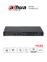 [DHT1850014] DAHUA DH-PFS4226-24ET-240 - Switch PoE Administrable de 26 Puertos Ethernet/ 24 Puertos PoE/ 240 Watts Totales/ Interfaz Web/ Puerto 1 y 2 Soportan 90 Watts/ 2 Puertos SFP/ 2 Puertos Uplink/ PoE Watchdog/ Switching 8.8 Gbps/