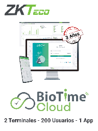 [ZKT0820076] ZKTECO BIOTIMECLOUDLITE - Licencia para asistencia en la nube de 3 año / 2 dispositivo / 200 usuarios / 1 app / 30,000 notificaciones por Whats App